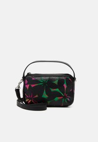 Schwarze, strukturiertes Lederhandtasche mit bunten Blumenmustern in Grün und Pink. Enthält einen abnehmbaren Riemen und einen Reißverschluss.