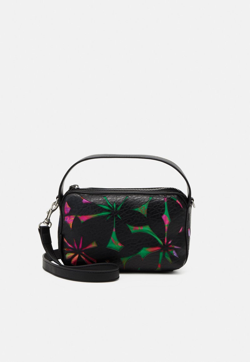 Schwarze, strukturiertes Lederhandtasche mit bunten Blumenmustern in Grün und Pink. Enthält einen abnehmbaren Riemen und einen Reißverschluss.