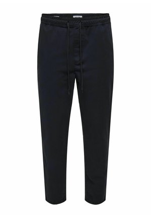 Svarte joggebukser laget av lett stoff, med elastisk midje, snøring og avsmalnede ben. Ingen synlige mønstre eller lommer.