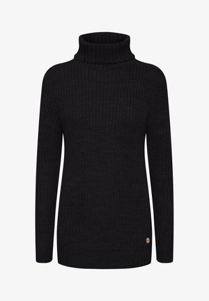 Schwarzer gestrickter Pullover mit hohem Rollkragen, langen Ärmeln, geripptem Textur und kleinem Markenlogo unten rechts.