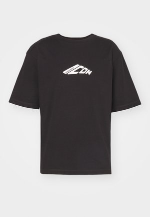 T-shirt noir à manches courtes en coton, avec un logo graphique blanc à l'avant, encolure ronde et ourlet droit.