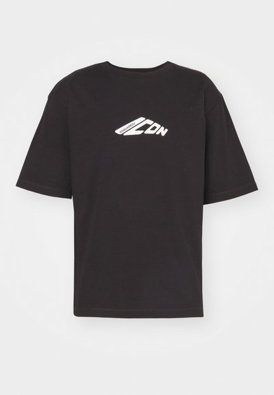 Black short-sleeved T-shirt made of cotton, featuring a white graphic logo on the front, round neckline, and straight hem.