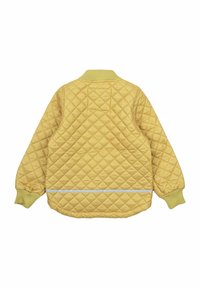 Gelbe gesteppte Jacke mit einem Rautenmuster, geripptem Kragen und Bündchen. Verfügt über einen horizontalen reflektierenden Streifen in der Taille. Glatte Textur.