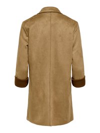 Lang suède jas in tan met lange mouwen,staande kraag en opgerolde manchetten in donkerbruin, zichtbaar van achteren.