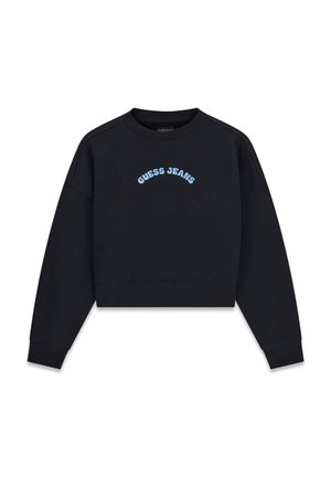 Felpa nera corta con maniche lunghe e scritta "GUESS JEANS" curvata sul petto in lettere azzurre.