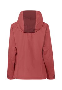 Giacca impermeabile rossa con cappuccio e pannello a contrasto in tessuto testurizzato. Include polsini regolabili e un design con orlo dritto.