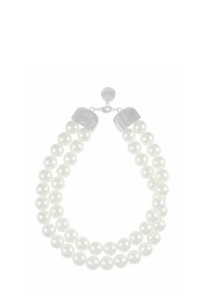 White pearl necklace featuring three strands, smooth texture, with silver-tone clasps at the ends. Circular shape, elegant design.