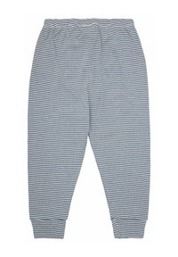 Pantaloni a righe blu navy e bianchi, realizzati in tessuto morbido. Presentano una vita elasticizzata e polsini affusolati alle caviglie.