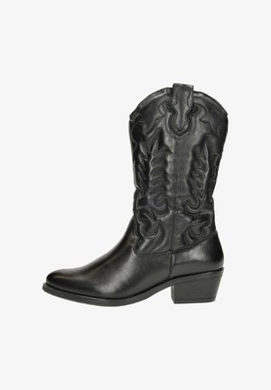Zwarte leren cowboylaars met decoratieve stiknaad, spitse neus en een lage blokhak. Heeft verhoogde ergonomische accenten op de schacht.