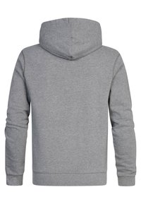Sudadera gris, mezcla de algodón, capucha con cordón regulador, mangas largas, puños y dobladillo acanalados, textura suave, diseño liso sin patrones.