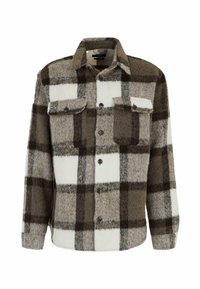 Brown, beige, and white checkered long-sleeve wool shirt with two buttoned chest pockets and a button-up front collar.