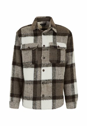 Camicia di lana a maniche lunghe a scacchi marrone, beige e bianca, con due tasche sul petto con bottone e colletto abbottonato.