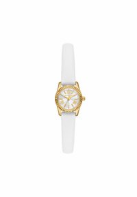 Orologio con finitura dorata, cinturino in pelle bianca, quadrante rotondo, dial bianco, numeri romani e dettagli intricati sulla lunetta.