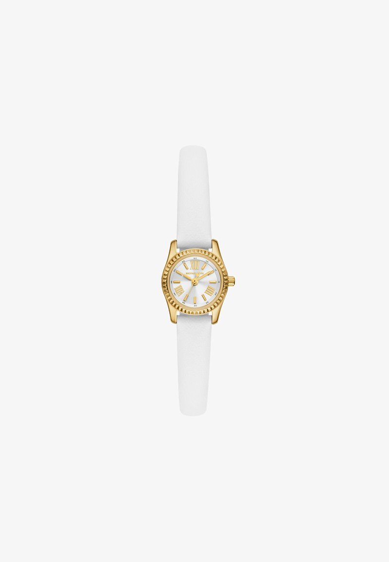 Złoty zegarek na białym skórzanym pasku, okrągła tarcza, biały cyferblat, rzymskie cyfry oraz skomplikowane detale bezu.