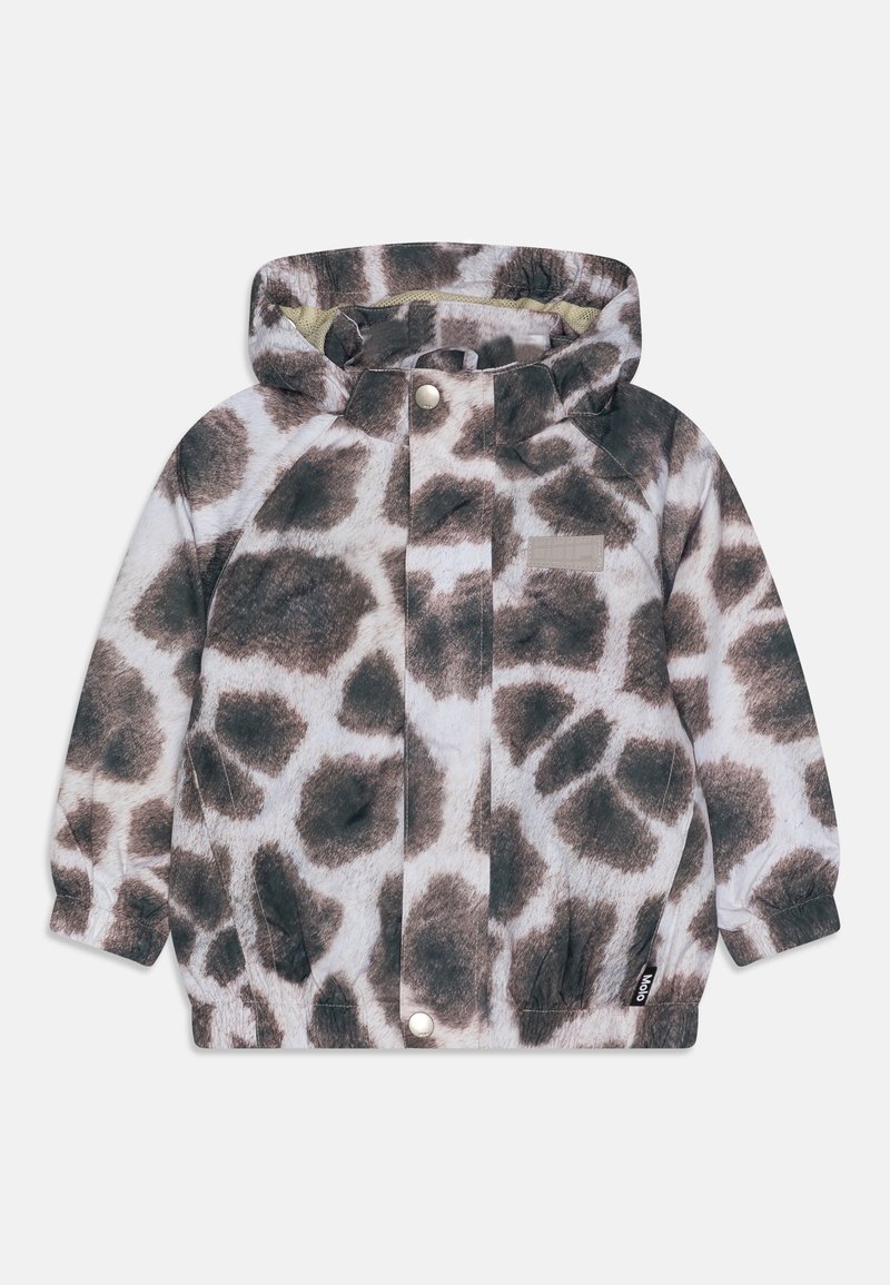 Veste en imprimé léopard avec capuche, présentant une texture de tissu doux dans des nuances de marron et de blanc, avec des fermetures à pression et des poignets élastiques.