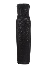 Abito da sera nero senza spalline con una silhouette aderente, adornato con paillettes, che presenta una texture liscia e una gonna lunga e fluente.