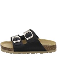 Black leather slide sandal with two adjustable silver buckles, tan cork footbed, and textured rubber sole for grip.