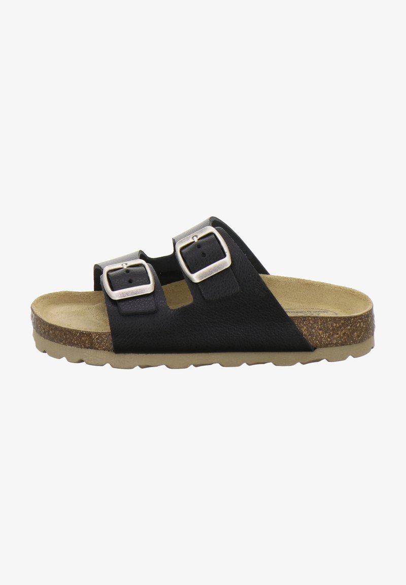 Black leather slide sandal with two adjustable silver buckles, tan cork footbed, and textured rubber sole for grip.