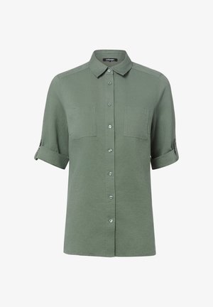 Short-sleeve sage green button-up shirt with two chest pockets and roll-tab sleeves, collar, and front buttons.