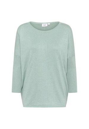 Hellgrüner, locker sitzender Strickpullover mit weitem Ausschnitt, Dreiviertelärmel und Rippakzenten an den Bündchen und dem Saum.