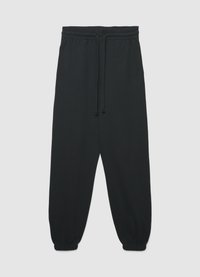 Pantalon de jogging noir avec taille élastique et cordon de serrage. Chevilles côtelées et texture de tissu douce. Design simple, sans motifs ni accents.