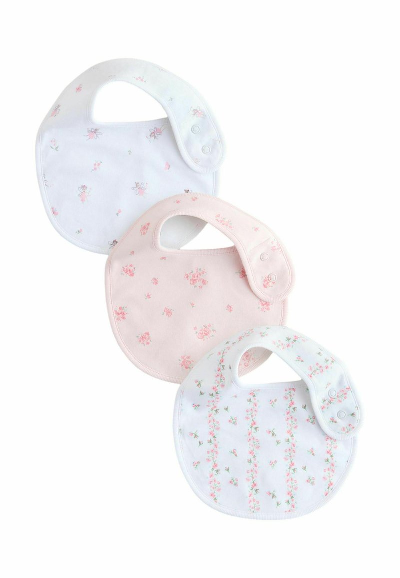 Három babakendő készlet: egy fehér apró virágmintával, egy rózsaszín virágos mintával, és egy fehér függőleges virágcsíkozással. Pamut anyag.