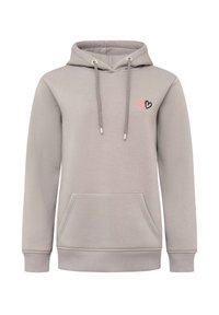 Hellgrauer Hoodie aus weichem Material, mit einer vorderen Tasche, regulierbarem Kapuzenzug und kleinen gestickten Herzen in Pink und Schwarz.