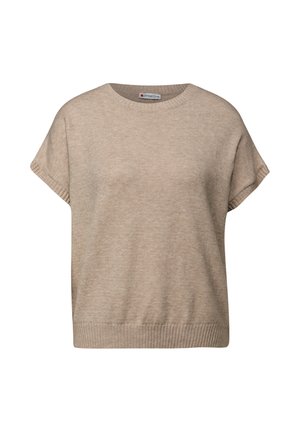 Pull court beige à manches courtes avec un col rond, fabriqué à partir d'un matériau en jersey doux, présentant des détails en côtes le long des manches et de l'ourlet.