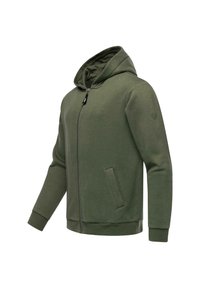 Giacca con zip e cappuccio in verde oliva, realizzata in morbido cotone misto. Dotata di tasca a marsupio e polsini a costine. Design semplice e moderno.