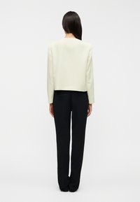 Φωτεινό πράσινο κοντό μπουφάν με μακριά μανίκια πάνω από μαύρο παντελόνι. Απλός σχεδιασμός χωρίς ορατά μοτίβα ή μεταλλικές λεπτομέρειες.