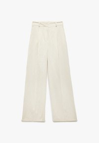 Beige gestreepte wijde broek met een hoge taille, met een op maat gemaakt ontwerp en een gladde textuur. Geen zichtbare zakken of versieringen.