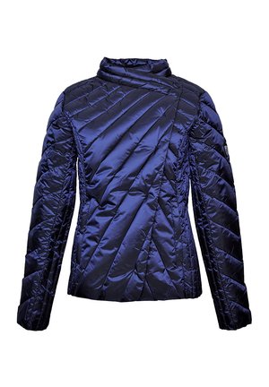 Marineblauwe, gevoerde jas met een hoge kraag, voorzien van diagonale stiksels en een gladde, glanzende stof. Inclusief een zijzak en een slank ontwerp.