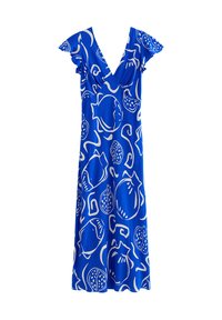 Abito blu con scollo a V e maniche a volant, caratterizzato da un pattern astratto bianco di frutti e forme organiche su un tessuto fluente.