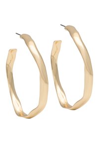 Orecchini a cerchio color oro con un design ondulato, caratterizzati da una finitura lucida e metallo leggero. Progettati per orecchie forate.