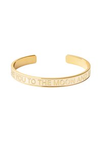 Bracelet en or en forme de jonc avec une inscription gravée "JE T'AIME JUSQU'À LA LUNE ET RETOUR". Surface lisse et brillante, avec des extrémités ouvertes pour l'ajustabilité.