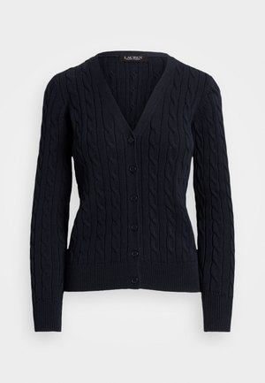 Cardigan noir en maille torsadée avec manches longues et boutons sur le devant, avec un col en V et des poignets et un bord-côte à la base.