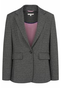 Grey tweed blazer featuring two front pockets, notch lapels, and a single button closure, with a contrasting pink inner lining.