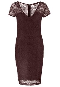 Robe en dentelle violet foncé longueur genou, manches courtes, col en V, fermeture éclair apparente dans le dos.