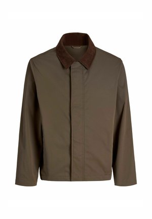 Brown fabric jacket with a dark brown corduroy collar, featuring a straight cut, long sleeves, and a front closure without visible hardware.