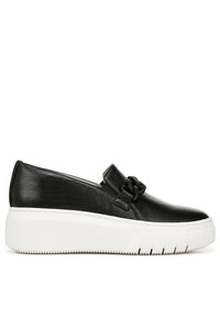 Scarpa nera in pelle slip-on con una spessa suola piattaforma bianca, caratterizzata da un dettaglio annodato e una superficie testurizzata. Progettata per comfort e facilità.
