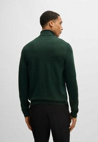 Donkergroen langärmige pullover met een hoge kraag, voorzien van een zachte textuur en ribbels aan de manchetten en onderkant. Minimalistisch ontwerp, geen zichtbare logo's.