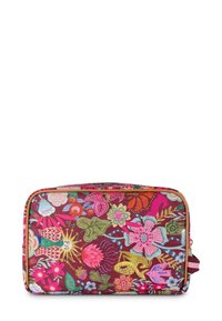 Reiszakje met bloemenpatroon in diep rood, met een verscheidenheid aan kleurrijke bloemen en bladeren, voorzien van een beige rits en een zijhandvat.