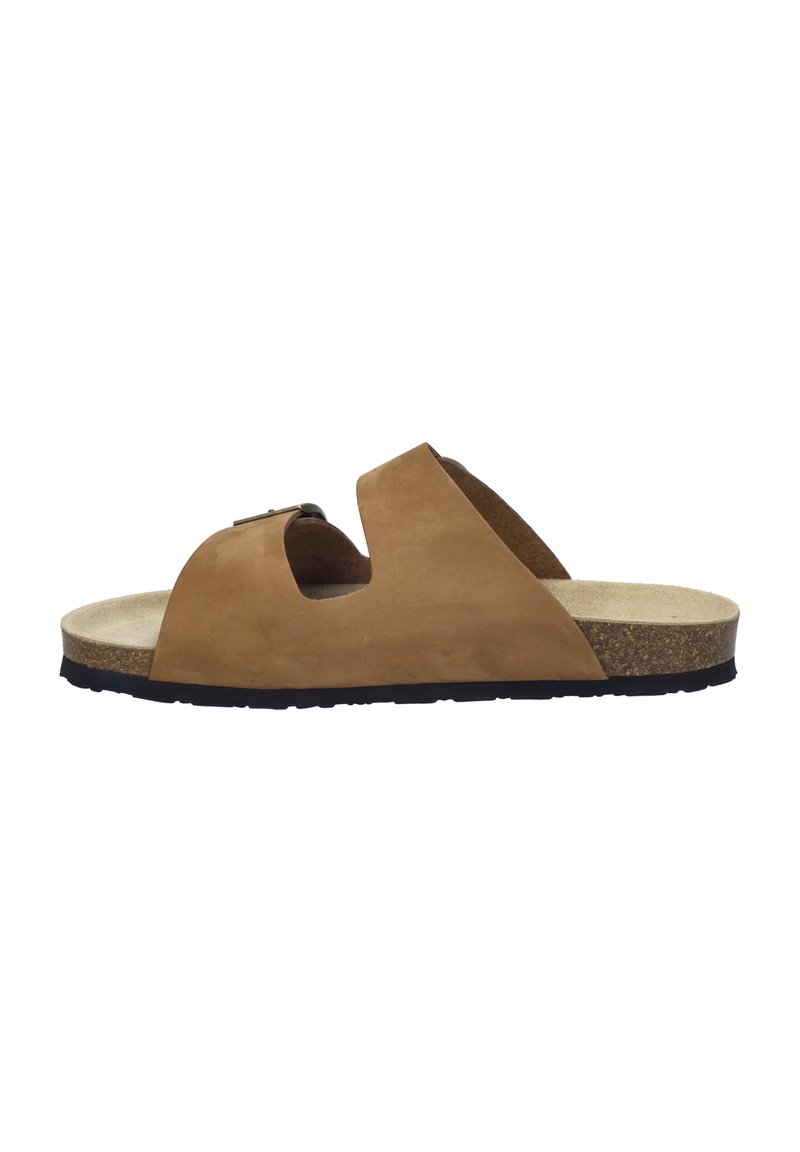 Brown suede slip-on sandal with open sides, cork footbed, and a black rubber sole. Features a metallic accent on the strap.