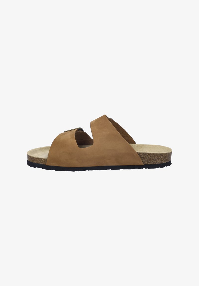 Brown suede slip-on sandal with open sides, cork footbed, and a black rubber sole. Features a metallic accent on the strap.