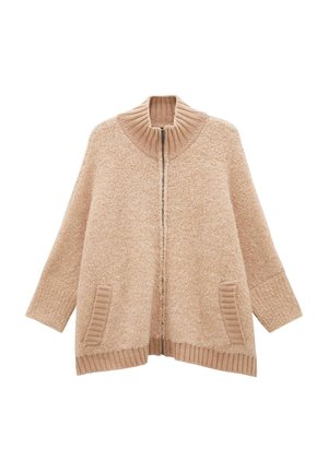 Beige gebreide cardigan met een hoge kraag, ritsluiting en twee zijzakken; textiel met een gestructureerd oppervlak en ribbelaccenten aan de zoom en mouwen.