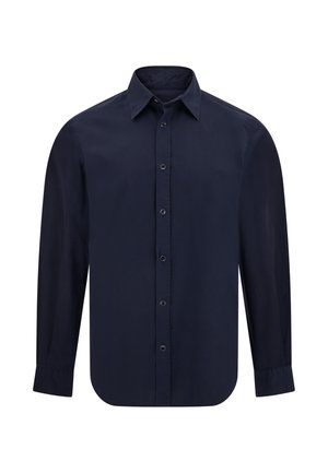 Marineblauwe lange mouw shirt van gladde stof, met een puntkraag, knopen aan de voorkant en een afgeronde zoom. Geen patronen of accenten.