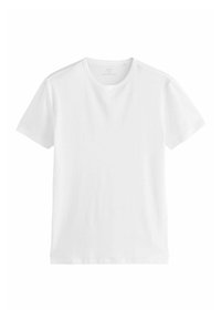Balta kokvilnas T-krekls ar apaļu izgriezumu. Īsas piedurknes, regulāra piegriezuma, gluda tekstūra, minimālistisks dizains, bez redzamām rakstiem vai izcēlumiem.