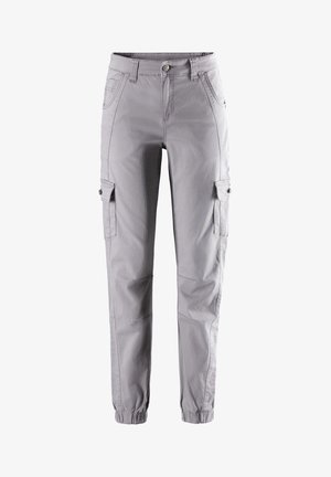 Hellgraue Cargo-Hose aus einem glatten Stoff, mit mehreren Taschen, elastischen Bündchen und einem Reißverschluss.