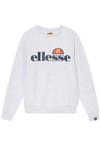 Hellgrauer Pullover mit langen Ärmeln, gerippten Bündchen und Saum. Verziert mit einem großen "ellesse"-Logo in Marineblau mit einem farbigen Akzent über dem Text.