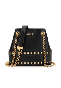 Musta nahkainen ämpärilaukku, jossa on kultaiset yksityiskohdat, pyramidimuotoiset niitit pohjassa ja ketjunauha. Edessä on brändin nimi kohokuvioituna.